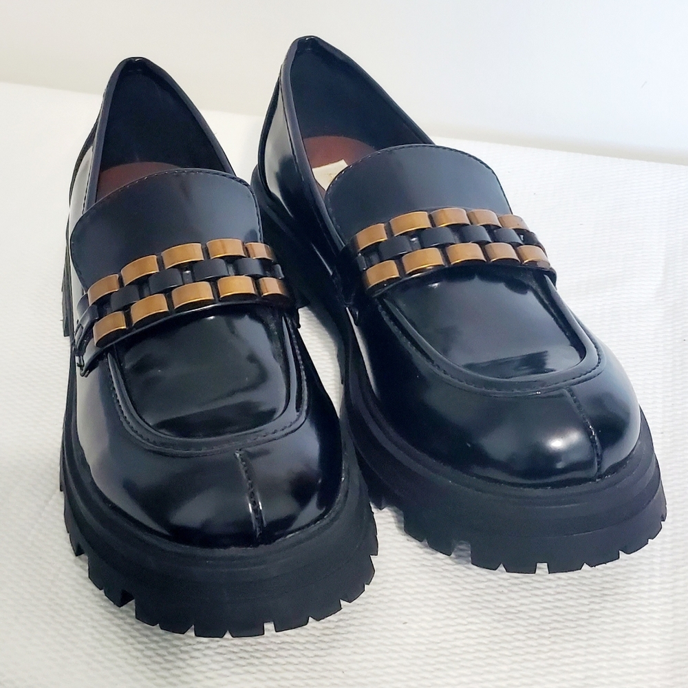 Arula Chunky Platform Lug Sole  Loafers Chain Detail Black Patent Size 9